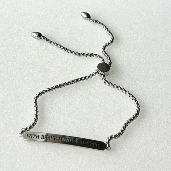 SLIDER ID Type Bracelet With Brave Wings She Flies Quote up to 10” Silver Tone - Picture 4 of 5